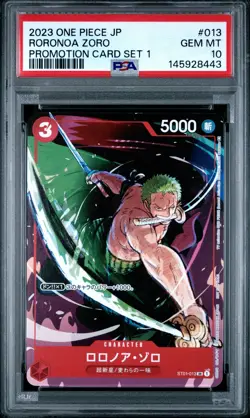 2023 ONE PIECE JAPANESE PROMOS PROMOTION CARD SET 1 #013 RORONOA ZORO PSA 10 - Image 1