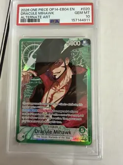 One Piece OP14-EB04 The Azure Sea's Seven Dracule Mihawk Alt Art Leader PSA 10 - Image 1