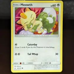 Meowth 147/214 NM Unbroken Bonds Sun and Moon Pokemon Card cute cat nap caturday - Image 1