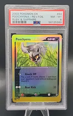 2003 Pokemon PSA 8 NM-MT Poochyena 64/109 EX Ruby & Sapphire Reverse Holo Foil - Image 1
