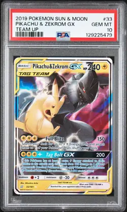 2019 POKEMON SUN & MOON TEAM UP #33 PIKACHU & ZEKROM GX PSA 10 - Image 1