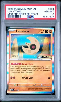 2025 POKEMON MEP MEGA EVOLUTION PRERELEASE-STAFF PROMO #004 LUNATONE PSA 10 - Image 1