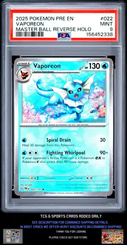 2025 Pokemon Pre En-Prismatic Evolutions #022 Vaporeon Master Ball Reverse PSA 9 - Image 1