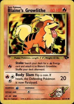 Pokemon Gym Challenge #062/132 Blaine's Growlithe Common Near Mint or Better - Image 1