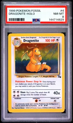 1999 POKEMON FOSSIL #4 DRAGONITE-HOLO PSA 8 - Image 1