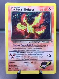 Pokemon TCG Rocket’s Moltres 12/132 Gym Heroes Holo Rare WOTC VTG 2000 Creased - Image 1