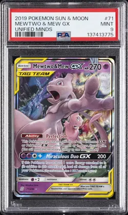 2019 POKEMON SUN & MOON UNIFIED MINDS #71 MEWTWO & MEW GX PSA 9 - Image 1
