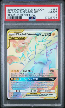 2019 POKEMON SUN & MOON TEAM UP SECRET #184 FULL ART/PIKACHU & ZEKROM GX PSA 8 - Image 1