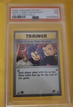 Pokemon 1st Edition Team Rocket Here Comes Team Rocket Holo PSA 7 - Image 1