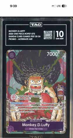 One Piece Bandai Games Fest 25-26 #073 Monkey D. Luffy Promo Card Graded Tag 10 - Image 1