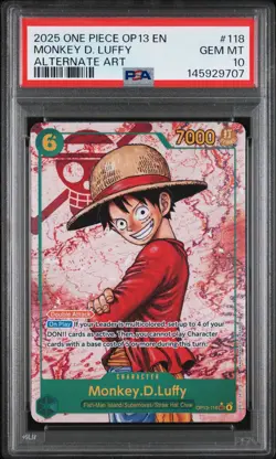 2025 One Piece OP13 EN Monkey D Luffy Alternate Art #118 PSA 10 GEM MINT - Image 1