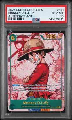 2025 One Piece OP13 EN Monkey D Luffy Alternate Art #118 PSA 10 GEM MINT - Image 1