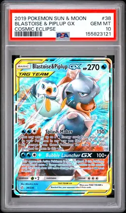 2019 Pokemon Sun & Moon Cosmic Eclipse Blastoise & Piplup GX Eclipse PSA 10 #38 - Image 1