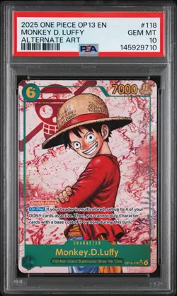 2025 One Piece OP13 EN Monkey D Luffy Alternate Art #118 PSA 10 GEM MINT - Image 1