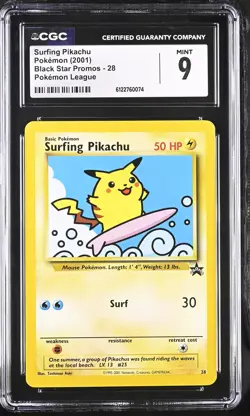 CGC 9 MINT Surfing Pikachu 28 Pokemon League Black Star Promos Pokemon Card - Image 1