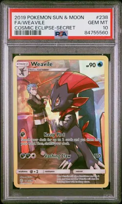 2019 POKEMON SUN & MOON COSMIC ECLIPSE SECRET #238 FULL ART/WEAVILE PSA 10 - Image 1