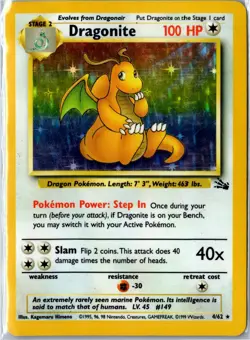 Pokemon Card - Dragonite Fossil 4/62 1999 Rare Holo Unlimited Holo Damaged - Image 1