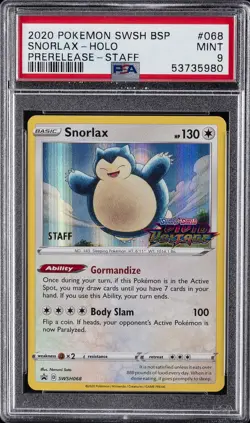 2020 POKEMON SWSH BLACK STAR PROMO PRERELEASE-STAFF #068 SNORLAX-HOLO PSA 9 - Image 1