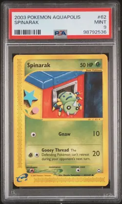 2003 Pokemon Aquapolis # 62 Spinarak Non Holo PSA 9 Card MINT! Trusted Seller! - Image 1