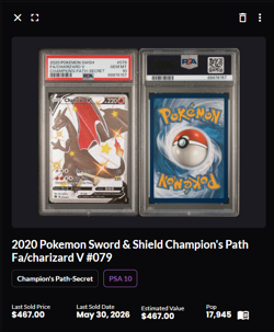 2020 Pokemon SWSH Champion's Path Charizard V #079/073 PSA 10 GEM MINT - Image 2