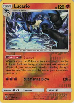 Lucario 71/147 Holo Rare Burning Shadows Pokemon Reverse Holo Near Mint - Image 1