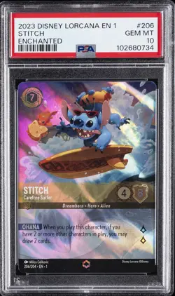 2023 DISNEY LORCANA EN 1-THE FIRST CHAPTER #206 STITCH - CAREFREE SURFER PSA 10 - Image 1