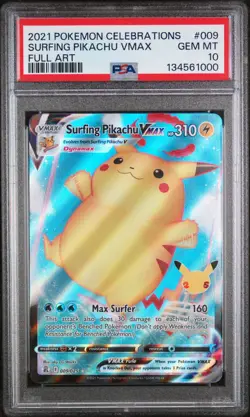 2021 POKEMON CELEBRATIONS #009 FULL ART/SURFING PIKACHU VMAX PSA 10 - Image 1
