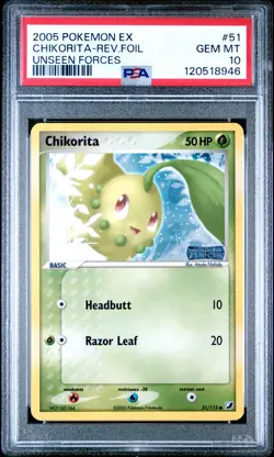 2005 POKEMON EX UNSEEN FORCES #51 CHIKORITA-REVERSE FOIL PSA 10 - Image 1