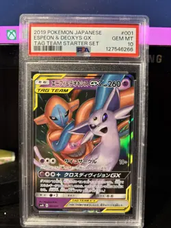 Pokemon PSA 10 Espeon & Deoxys GX 001/031 TAG TEAM Holo Smm Japanese 2019 - Image 1