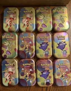 Pokemon TCG EMPTY Mini Tin Lot Of 104 Assorted With Art Card And Coin/Sticker - Image 5