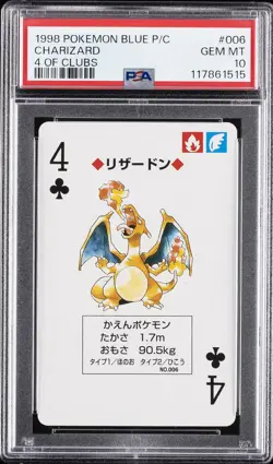 1998 POKEMON BLUE VERSION PLAYING CARDS 4 OF CLUBS #006 CHARIZARD PSA 10 - Image 1