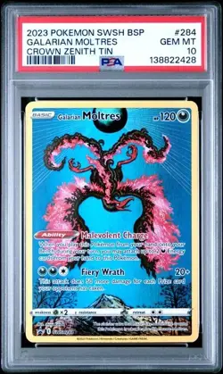 2023 POKEMON SWSH BLACK STAR PROMO CROWN ZENITH TIN #284 GALARIAN MOLTRES PSA 10 - Image 1