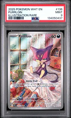 PSA 9 MINT 2025 POKEMON WHT EN-WHITE FLARE #136 PURRLOIN ILLUSTRATION RARE - Image 1