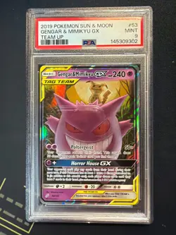 PSA 9 Gengar & Mimikyu GX 53/181 Team Up Pokemon Tag Team Card - Image 1