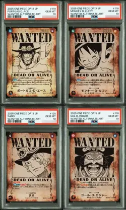 PSA 10 LUFFY ACE ROGER SABO SET OF 4 WANTED OP13 2025 ONE PIECE CARD JAPANESE - Image 1