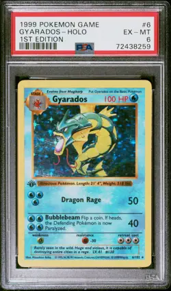 PSA 6 Pokemon Base Set 1st Edition Shadowless Holo Rare Gyarados 6/102 - Image 1