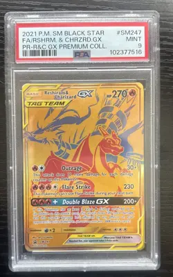 2021 POKEMON SM BLACK STAR PROMO #SM247 FULL ART/RESHIRAM & CHARIZARD GX PSA 9 - Image 1