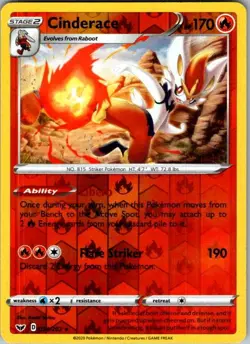 Cinderace 034/202 Sword & Shield Pokemon Reverse Holo Near Mint - Image 1
