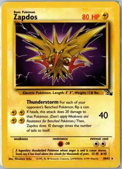 Pokemon Card - Zapdos Fossil 30/62 1999 Rare Unlimited Heavily Played - Image 1