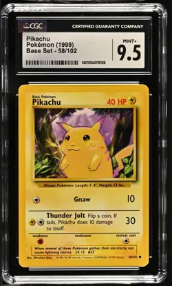 CGC 9.5 Pikachu 58/102 Base Set Pokemon 1999 - Image 1