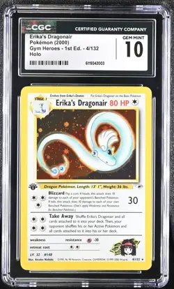 CGC 10 1st Edition Erika's Dragonair 4/132 Gym Heroes Pokemon 2000 - Image 1