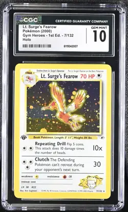 CGC 10 1st Edition Lt. Surge's Fearow Holo 7/132 Gym Heroes Pokemon 2000 - Image 1