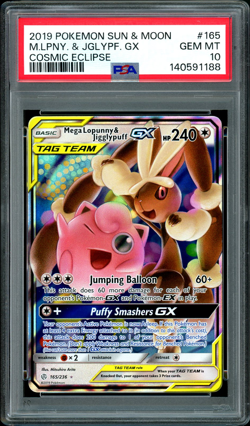 2019 POKEMON SUN & MOON COSMIC ECLIPSE #165 MEGA LOPUNNY & JIGGLYPUFF GX PSA 10 - Image 1