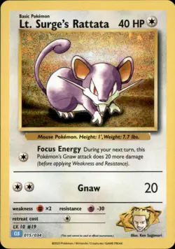 Lt. Surge's Rattata 015/034 Holo Trading Card Game Classic Pokemon NM - Image 1
