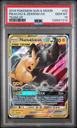 128557319 Pikachu & Zekrom GX 2019 Pokemon Sun Moon Team Up #33 PSA 10 - Image 1