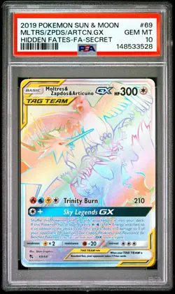 2019 Pokemon Hidden Fates Moltres Zapdos Articuno GX 69/68 Secret Rainbow PSA 10 - Image 1