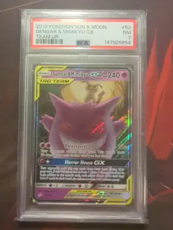 PSA 7 Gengar & Mimikyu GX 53/181 Team Up Pokemon Tag Team Card - Image 1