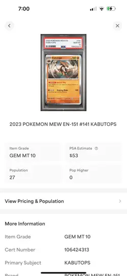 PSA 10 Gem Mint 💎 2023 POKEMON MEW EN-151 #141 KABUTOPS - Image 3