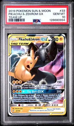 2019 POKEMON SUN & MOON TEAM UP #33 PIKACHU & ZEKROM GX PSA 10 - Image 1