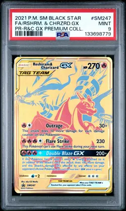 2021 POKEMON SM BLACK STAR PROMO #SM247 FULL ART/RESHIRAM & CHARIZARD GX PSA 9 - Image 1